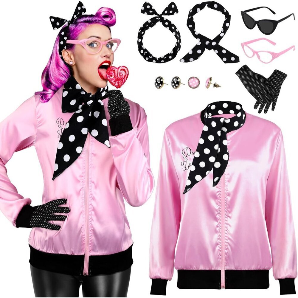 1950s Pink Satin Jacket Costume Set with Accessories for Women